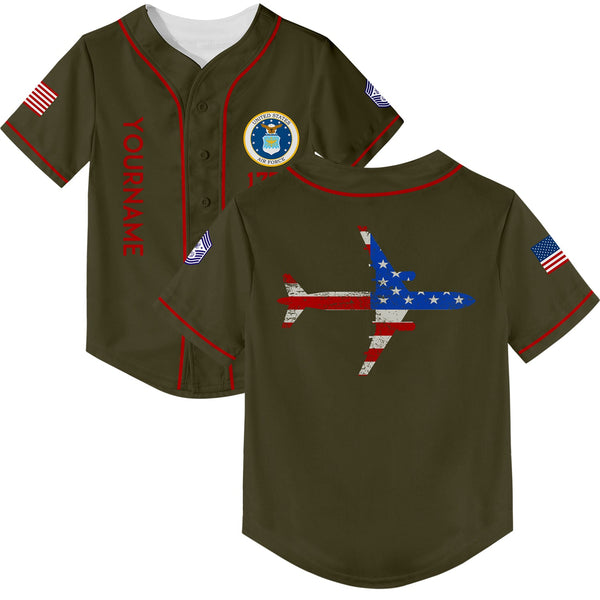 Custom Olive Fighter 1776 American Flag U.S Air Force Military Rank Name Baseball Jersey