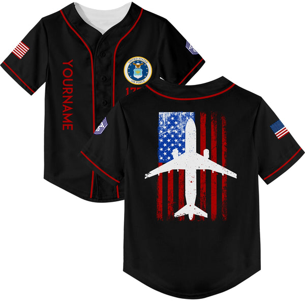 Custom Black Fighter 1776 American Flag U.S Air Force Military Rank Name Baseball Jersey