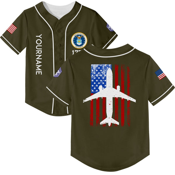 Custom Olive Fighter 1776 American Flag U.S Air Force Military Rank Name Baseball Jersey