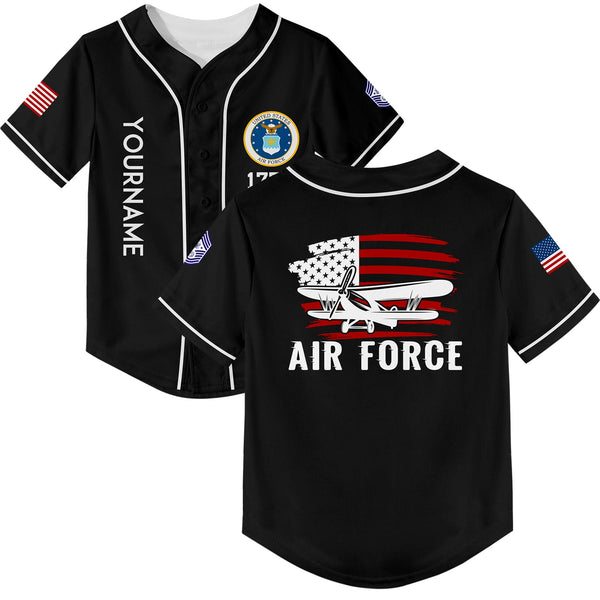 Custom Black Fighter 1776 American Flag U.S Air Force Military Rank Name Baseball Jersey