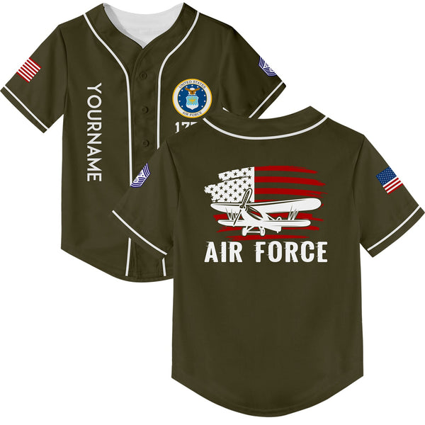 Custom Olive Fighter 1776 American Flag U.S Air Force Military Rank Name Baseball Jersey