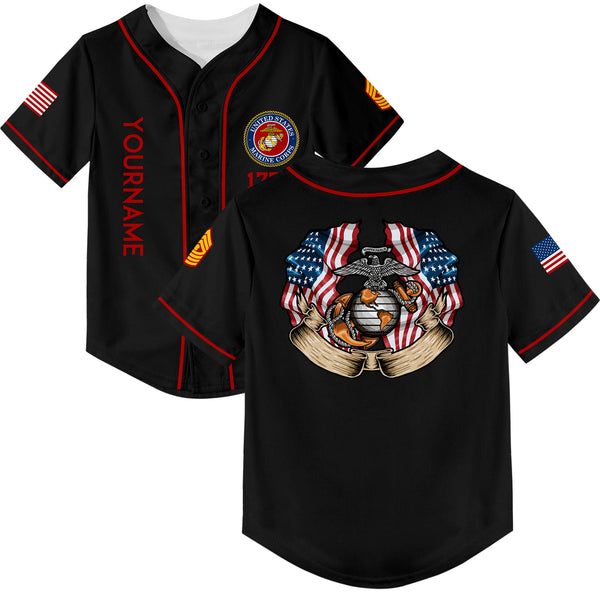 Custom Black 1776 American Flag U.S Marine Corps Military Rank Name Baseball Jersey