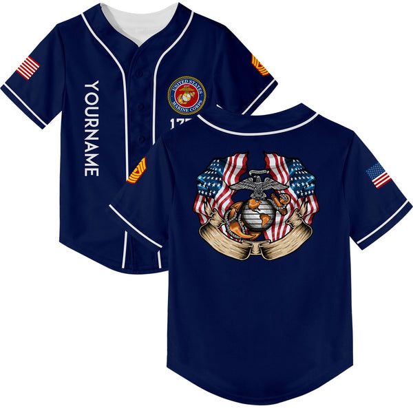 Custom Navy 1776 American Flag U.S Marine Corps Military Rank Name Baseball Jersey