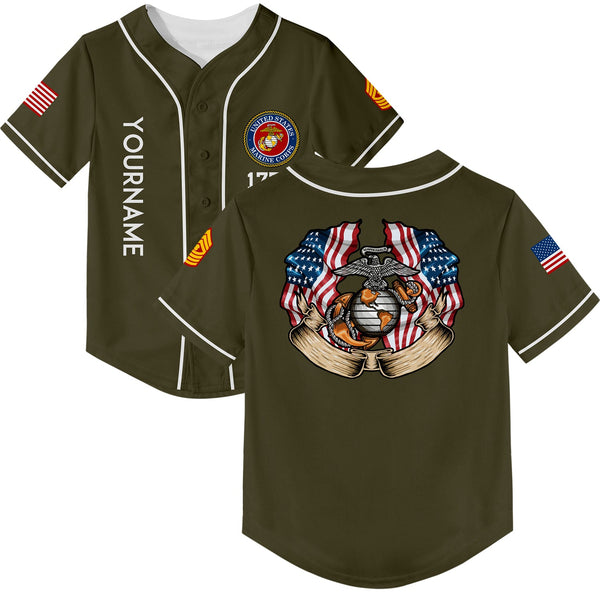 Custom Olive 1776 American Flag U.S Marine Corps Military Rank Name Baseball Jersey