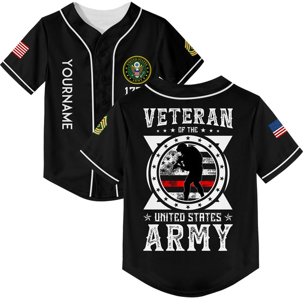 Custom Black Veteran 1776 American Flag U.S Army Military Rank Name Baseball Jersey