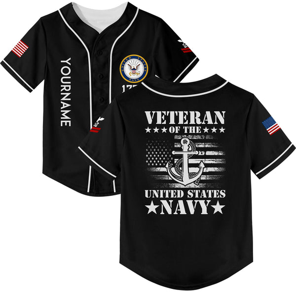 Custom Black Veteran 1776 American Flag U.S Navy Military Rank Name Baseball Jersey