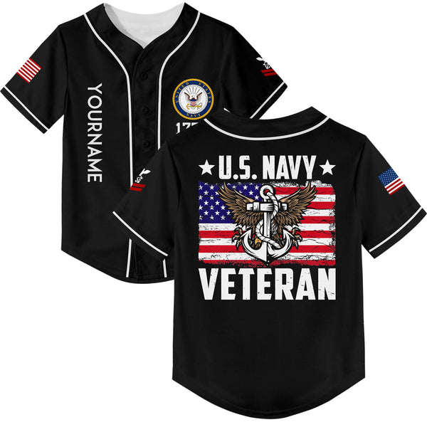 Custom Black Veteran 1776 American Flag U.S Navy Military Rank Name Baseball Jersey
