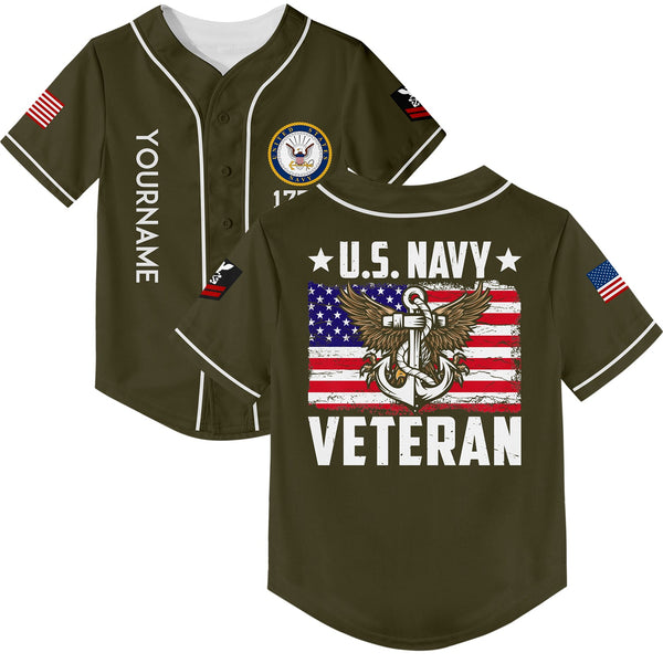 Custom Olive Veteran 1776 American Flag U.S Navy Military Rank Name Baseball Jersey