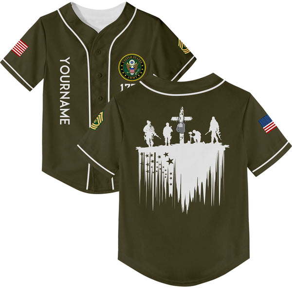 Custom Olive Tombstone Dog tag 1776 American Flag U.S Army Military Rank Name Memorial Day Baseball Jersey