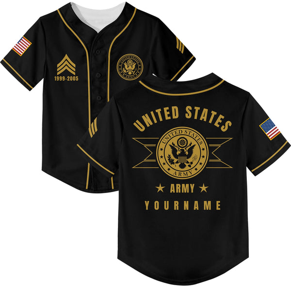 Custom Black U.S Army Military Rank Veteran Name Baseball Jersey