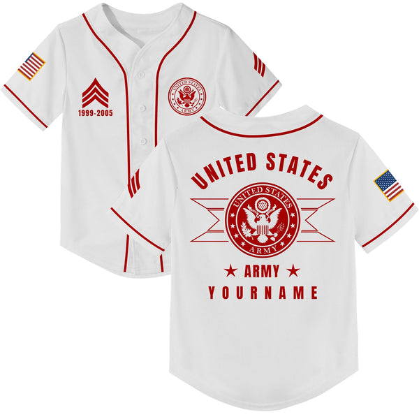 Custom White U.S Army Military Rank Veteran Name Baseball Jersey