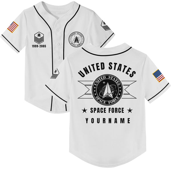 Custom White U.S Space Force Military Rank Veteran Name Baseball Jersey