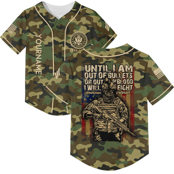 Until I Am Out Of Bullets Or Out Of Blood I Will Fight Custom Camo U.S. Army Military Rank Sergeant Veteran Name Baseball Jersey | Father's Day Gifts