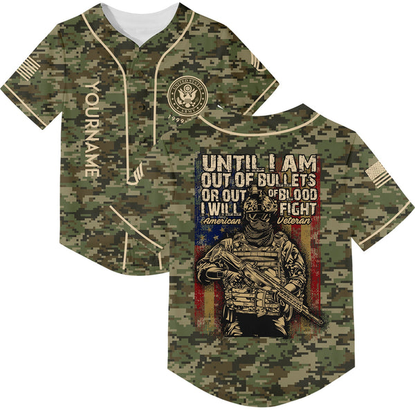 Until I Am Out Of Bullets Or Out Of Blood I Will Fight Custom Camo U.S Army Military Rank Staff Sergeant Veteran Name Baseball Jersey | Father's Day Gifts