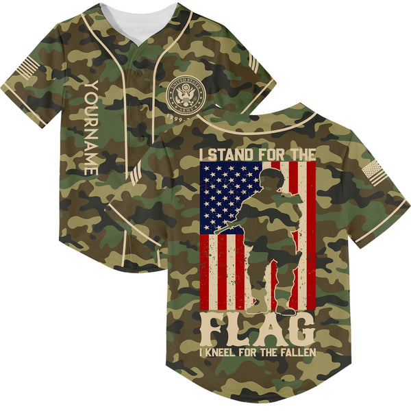 I Stand For Flag I Kneel For The Fallen 1776 Custom Camo U.S. Army Military Sergeant Rank Name Veterans Day Baseball Jersey | Father's Day Gifts