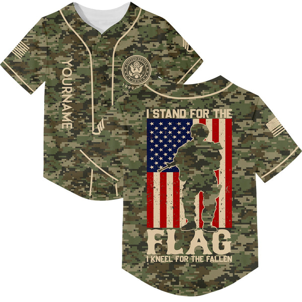 I Stand For Flag I Kneel For The Fallen 1776 Custom Camo U.S. Army Military Staff Sergeant Rank Name Veterans Day Baseball Jersey | Father's Day Gifts