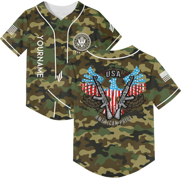 Custom Camo USA Eagle Pride American Flag U.S Army Military Sergeant Rank Name Baseball Jersey | Father's Day Gifts