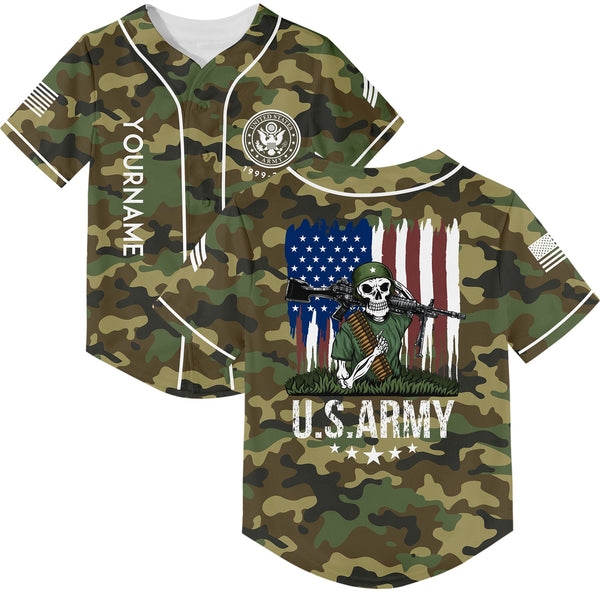 Custom Camo Skull Soldier American Flag U.S Army Military Sergeant Rank Name Baseball Jersey | Father's Day Gifts