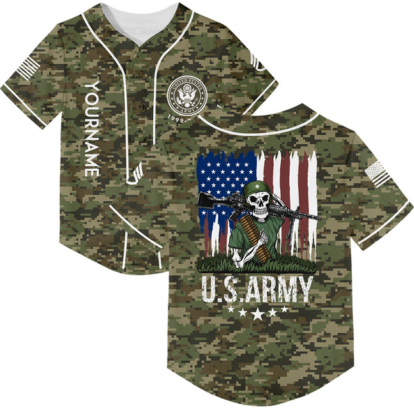 Custom Camo Skull Soldier American Flag U.S Army Military Staff Sergeant Rank Name Baseball Jersey | Father's Day Gifts