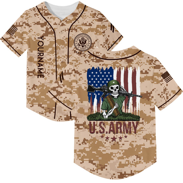 Custom Camo Skull Soldier American Flag U.S Army Military Corporal Rank Name Baseball Jersey | Father's Day Gifts
