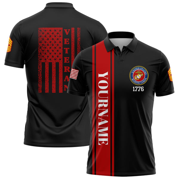 Custom Black 1776 American Flag Military Rank Name Veterans Day Golf Polo Shirt