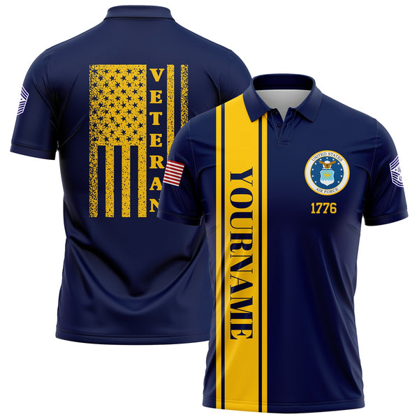 Custom Navy 1776 American Flag Military Rank Name Veterans Day Golf Polo Shirt