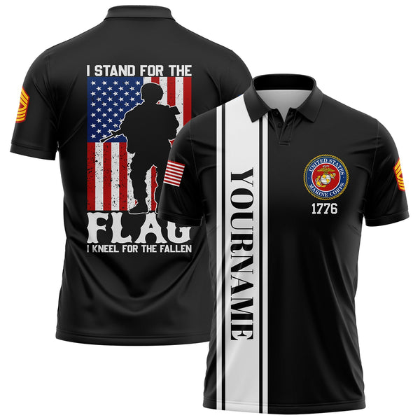 Custom Black I Stand For Flag I Kneel For The Fallen 1776 Military Rank Name Veterans Day Golf Polo Shirt