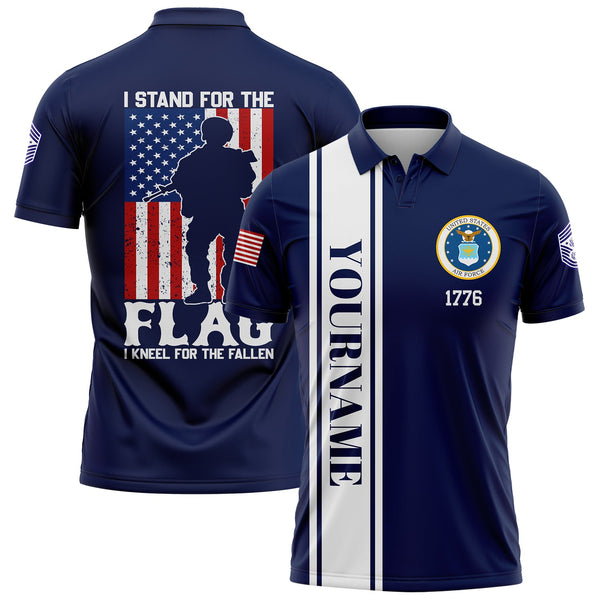 Custom Navy I Stand For Flag I Kneel For The Fallen 1776 Military Rank Name Veterans Day Golf Polo Shirt