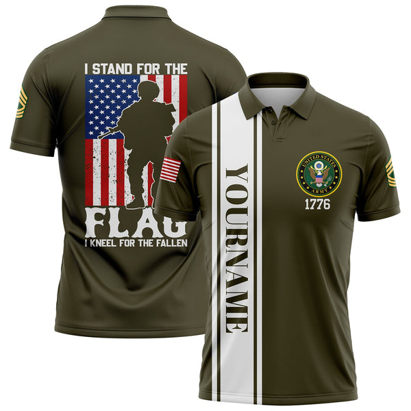Custom Olive I Stand For Flag I Kneel For The Fallen 1776 Military Rank Name Veterans Day Golf Polo Shirt