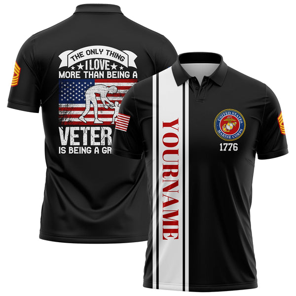 Custom Black The Only Thing I Love More Than Being A Veteran Is Being A Grandpa 1776 Military Rank Name Veterans Day Golf Polo Shirt