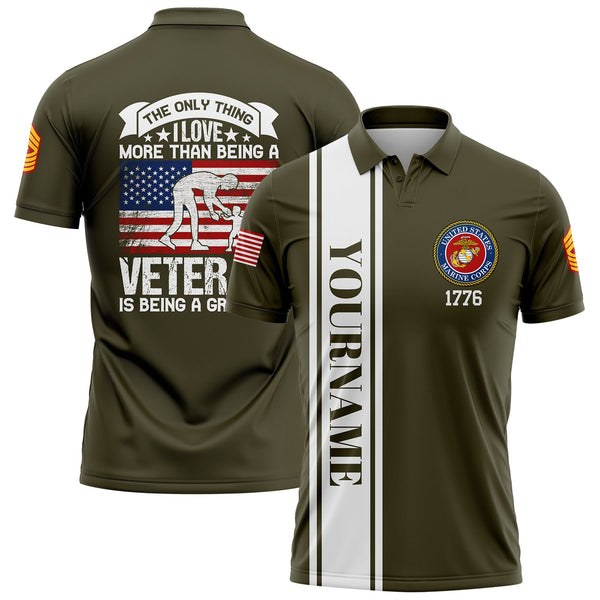Custom Olive The Only Thing I Love More Than Being A Veteran Is Being A Grandpa 1776 Military Rank Name Veterans Day Golf Polo Shirt