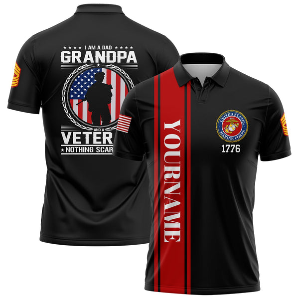 Custom Black I'M A Dad Grandpa 1776 Flag U.S Marine Corps Military Rank Name Veterans Day Golf Polo Shirt | Father's Day Gift