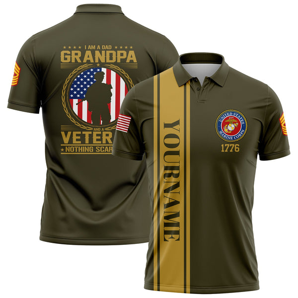 Custom Olive I'M A Dad Grandpa 1776 Flag U.S Marine Corps Military Rank Name Veterans Day Golf Polo Shirt | Father's Day Gift
