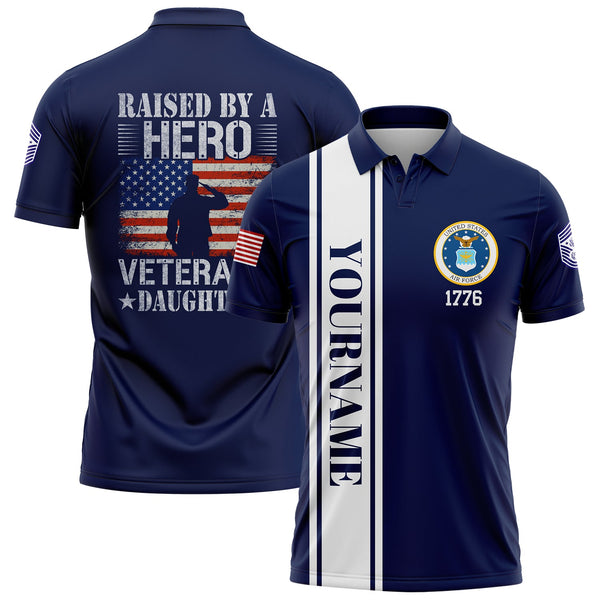 Custom Navy Raised By A Hero 1776 Flag U.S Air Force Military Rank Name Veterans Day Golf Polo Shirt | Father's Day Gifts