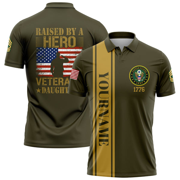Custom Olive Raised By A Hero 1776 Flag U.S Army Military Rank Name Veterans Day Golf Polo Shirt | Father's Day Gifts