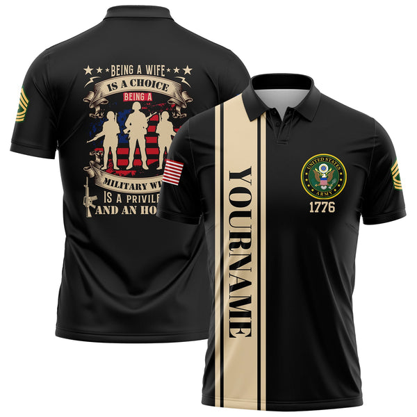Custom Black Being A Wife Is A Choice Being A Military Wife 1776 Flag U.S Army Military Rank Name Veterans Day Golf Polo Shirt | Father's Day Gifts