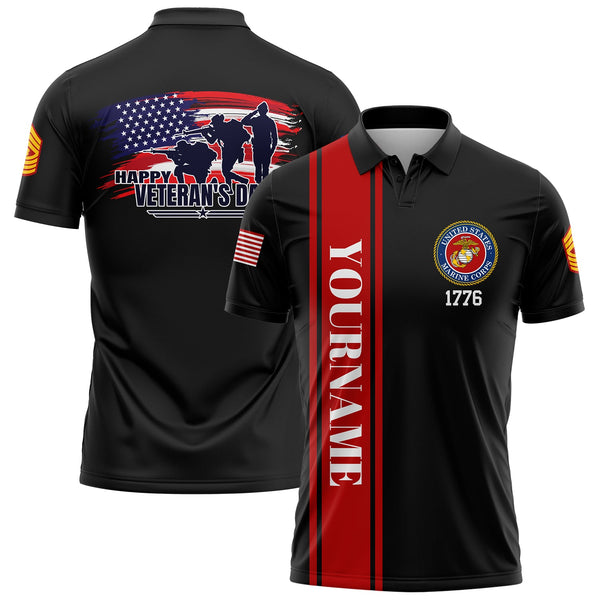 Custom Black 1776 Flag U.S Marine Corps Military Rank Name Veterans Day Golf Polo Shirt | Father's Day Gifts
