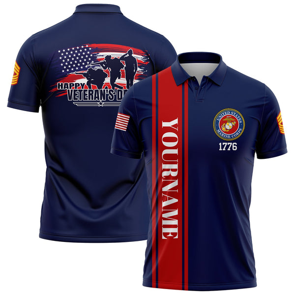 Custom Navy 1776 Flag U.S Marine Corps Military Rank Name Veterans Day Golf Polo Shirt | Father's Day Gifts
