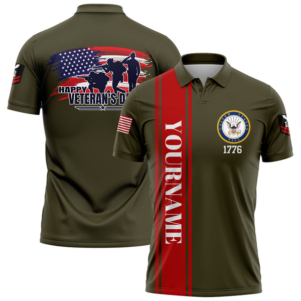 Custom Olive 1776 Flag U.S Navy Military Rank Name Veterans Day Golf Polo Shirt | Father's Day Gifts