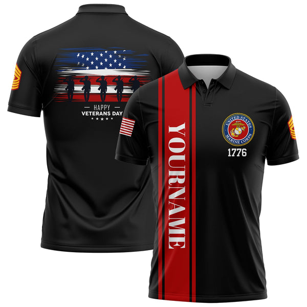 Custom Black 1776 Flag U.S Marine Corps Military Rank Name Veterans Day Golf Polo Shirt | Father's Day Gifts