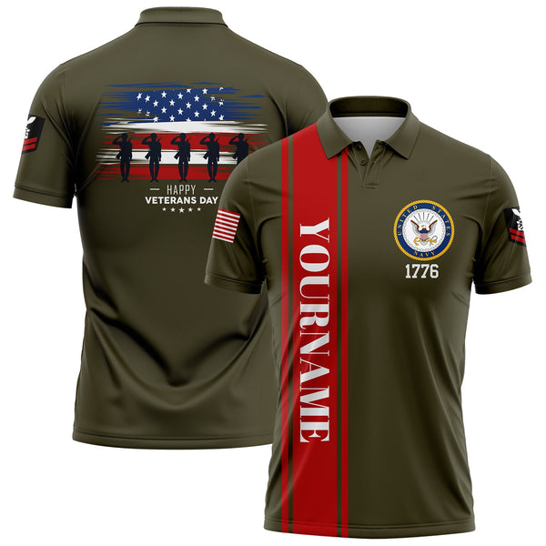 Custom Olive 1776 Flag U.S Navy Military Rank Name Veterans Day Golf Polo Shirt | Father's Day Gifts