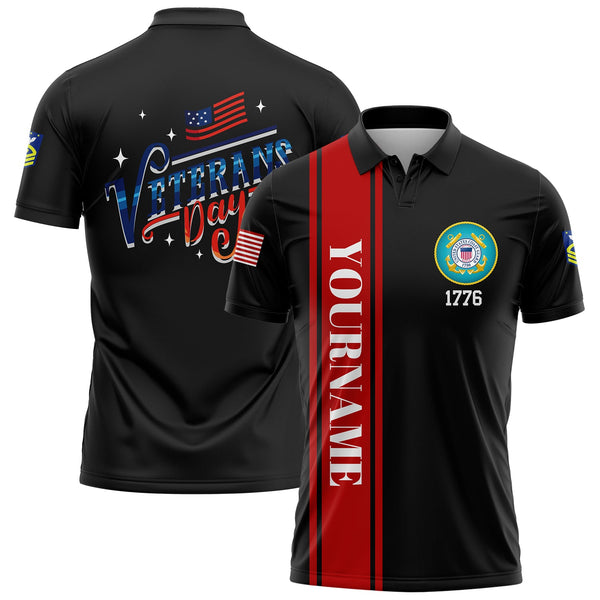Custom Black 1776 Flag U.S Coast Guard Military Rank Name Veterans Day Golf Polo Shirt| Father's Day Gifts