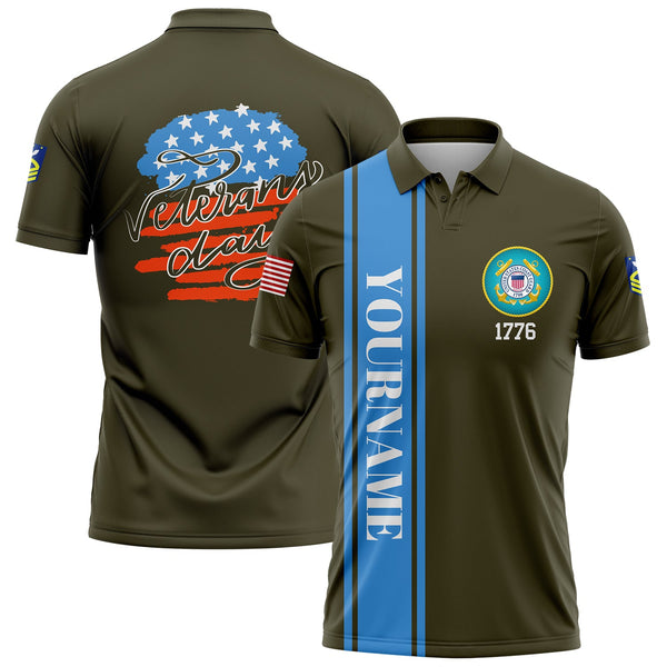 Custom Olive 1776 Flag U.S Coast Guard Military Rank Name Veterans Day Golf Polo Shirt | Father's Day Gifts