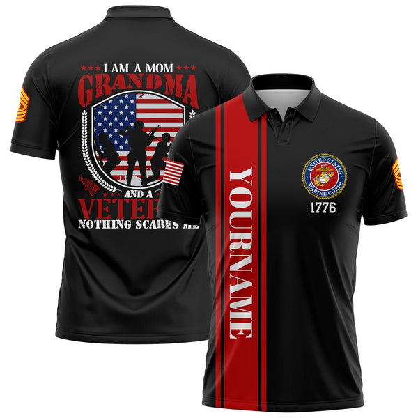 Custom Black I'm A Mom Grandma 1776 Flag U.S Marine Corps Military Rank Name Veterans Day Golf Polo Shirt | Father's Day Gifts