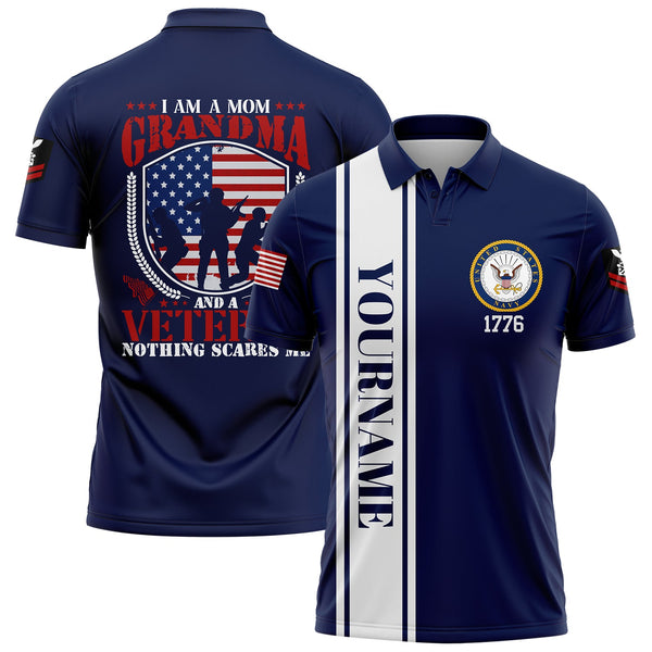 Custom Navy I'm A Mom Grandma 1776 Flag U.S Navy Military Rank Name Veterans Day Golf Polo Shirt | Father's Day Gifts