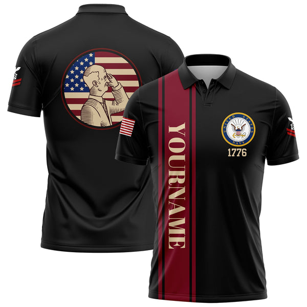 Custom Black 1776 Flag U.S Navy Military Rank Name Veterans Day Golf Polo Shirt | Father's Day Gifts