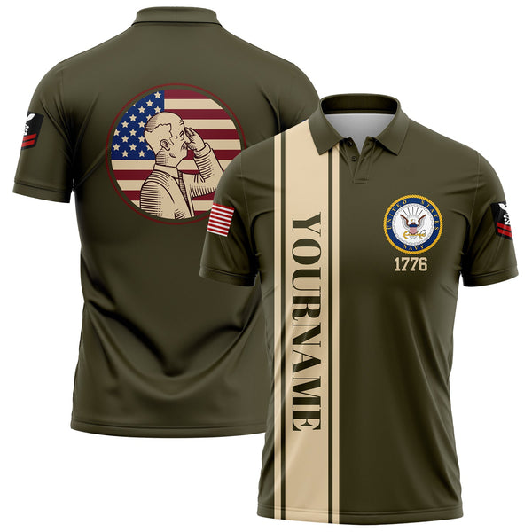 Custom Olive 1776 Flag U.S Navy Military Rank Name Veterans Day Golf Polo Shirt | Father's Day Gifts