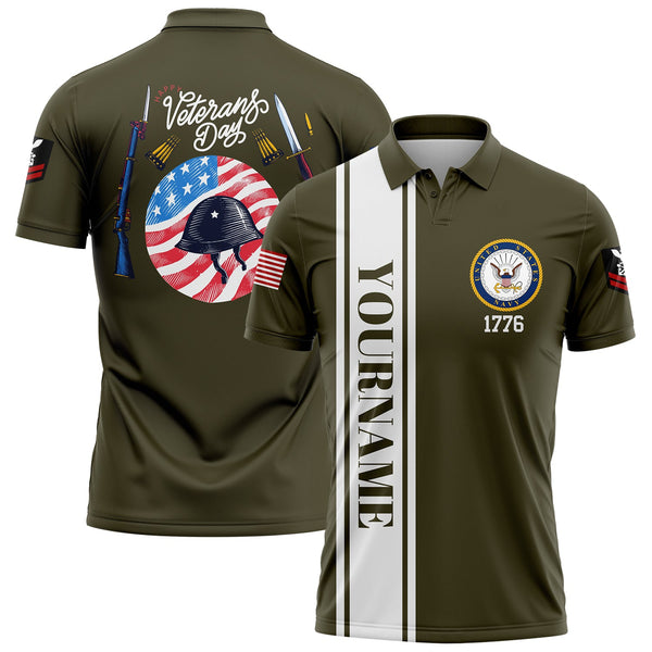 Custom Olive Helmet 1776 Flag U.S Navy Military Rank Name Veterans Day Golf Polo Shirt | Father's Day Gifts