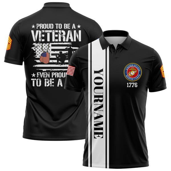 Custom Black Proud To Be A Veteran Even Prouder To Be A Dad 1776 Flag U.S Marine Corps Military Rank Name Veterans Day Golf Polo Shirt | Father's Day Gifts