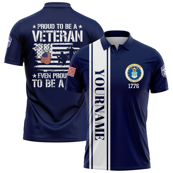 Custom Navy Proud To Be A Veteran Even Prouder To Be A Dad 1776 Flag U.S Air Force Military Rank Name Veterans Day Golf Polo Shirt | Father's Day Gifts